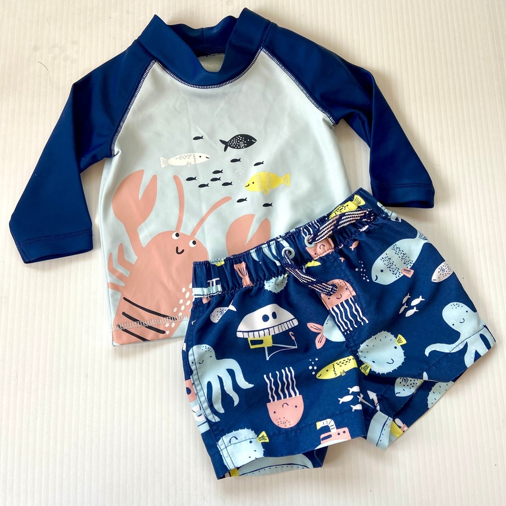 Carters Boy Navy Blue Lobster Fish Rash Guard Swim 2 Pc Set Infant Baby 3 Months